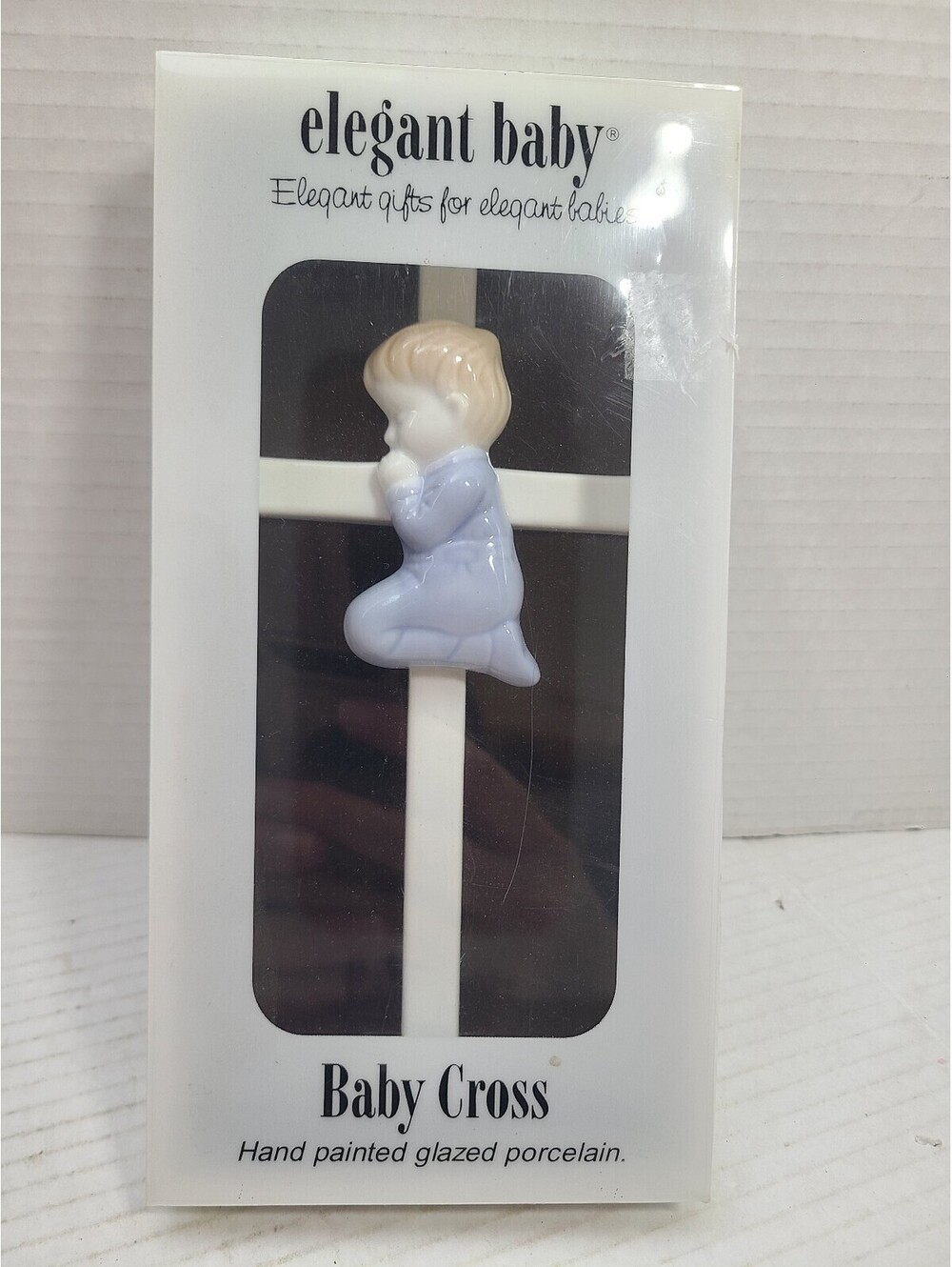Elegant Baby Hand Painted Glazed Porcelain Kneeling Baby Boy Wall Cross Baptism
